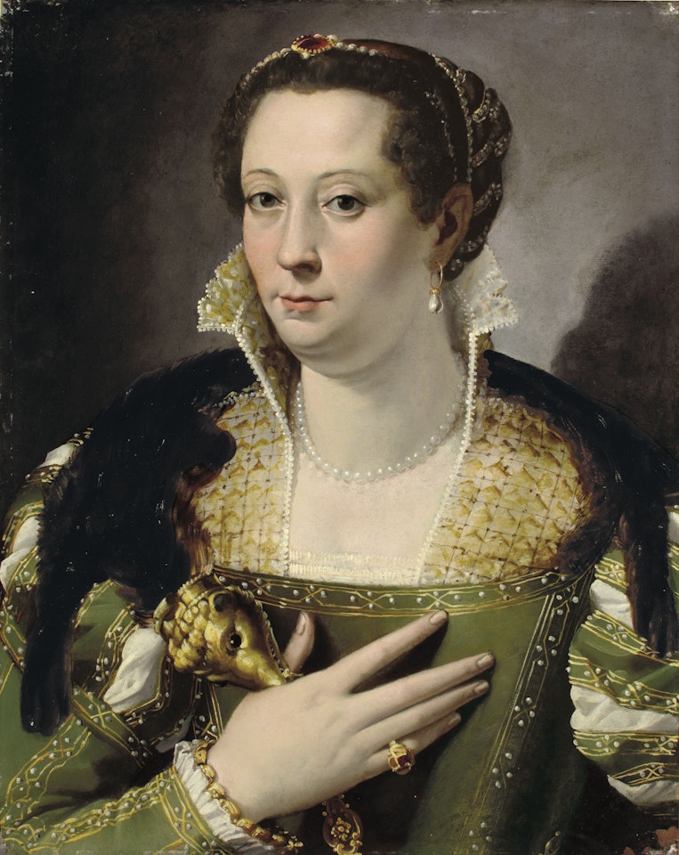 Portrait of a lady in a green dress and sable fur stole, half-length by Bartolomeo Passarotti