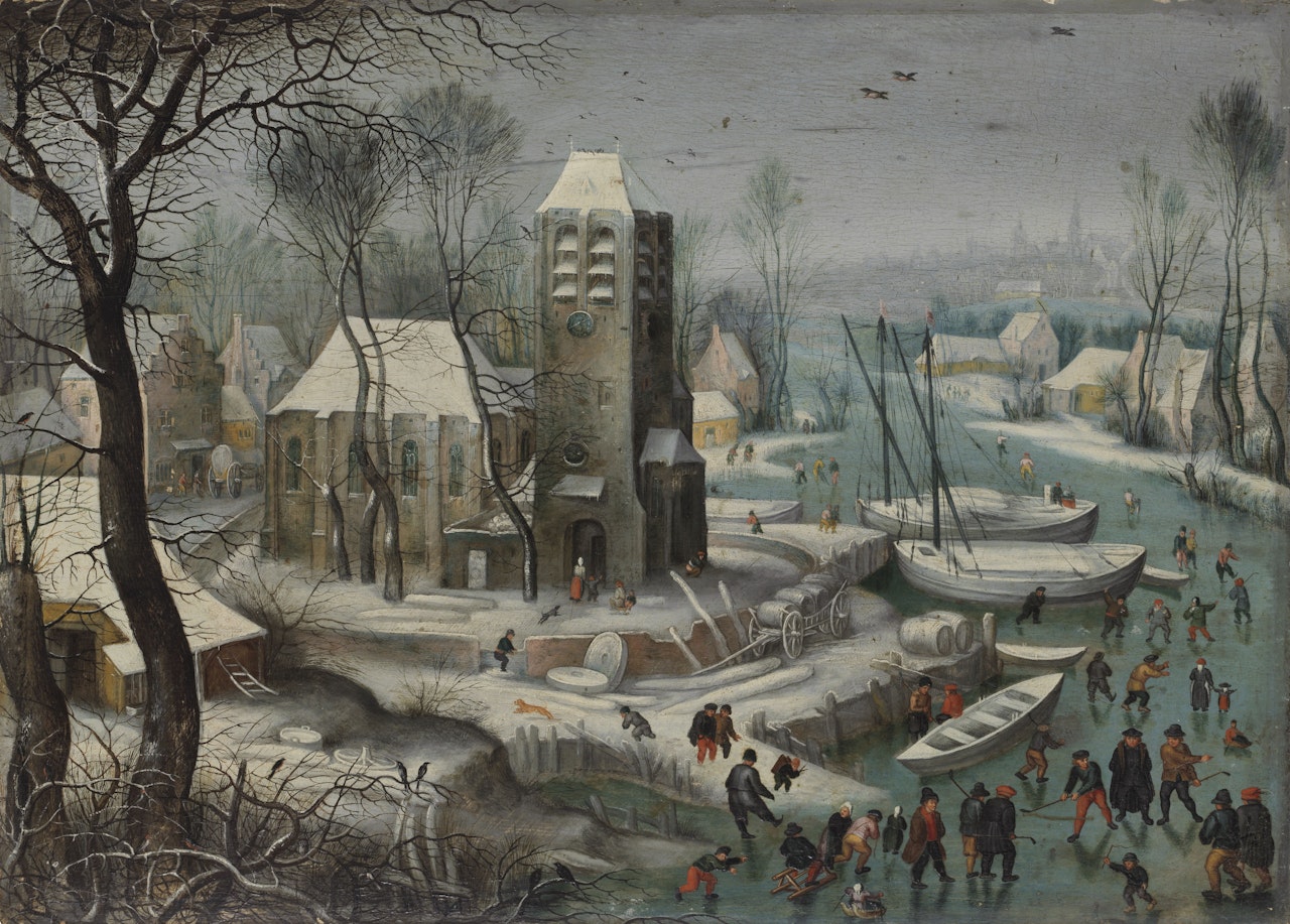 A village landscape with a church and numerous figures skating and playing kolf on the ice by Flemish School
