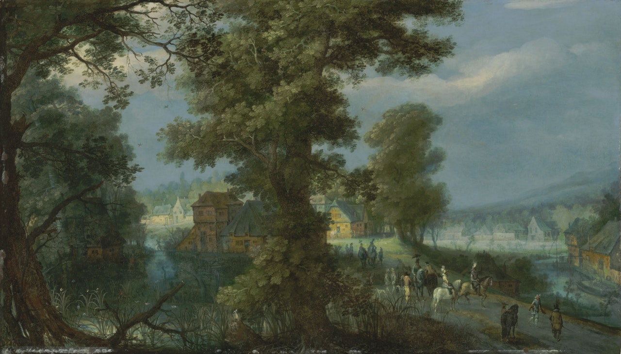 A hawking party by a village by Adriaen van Stalbemt