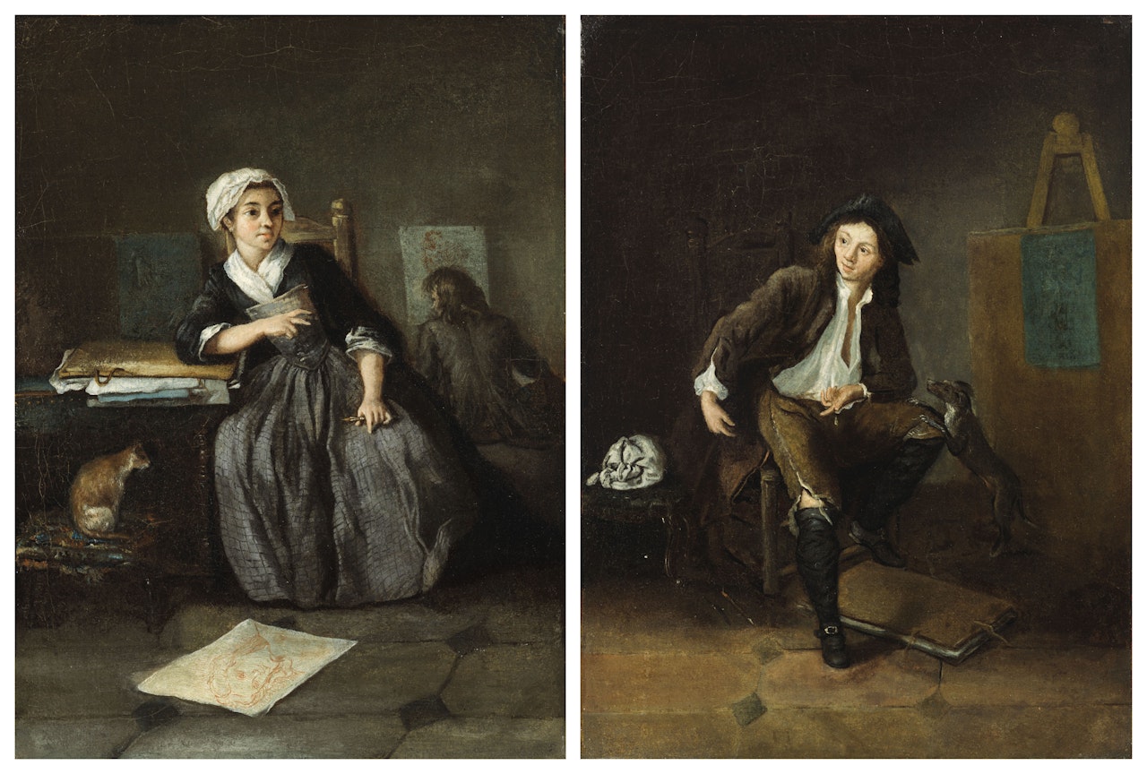 An artist in his studio; and An artist in her studio by French School