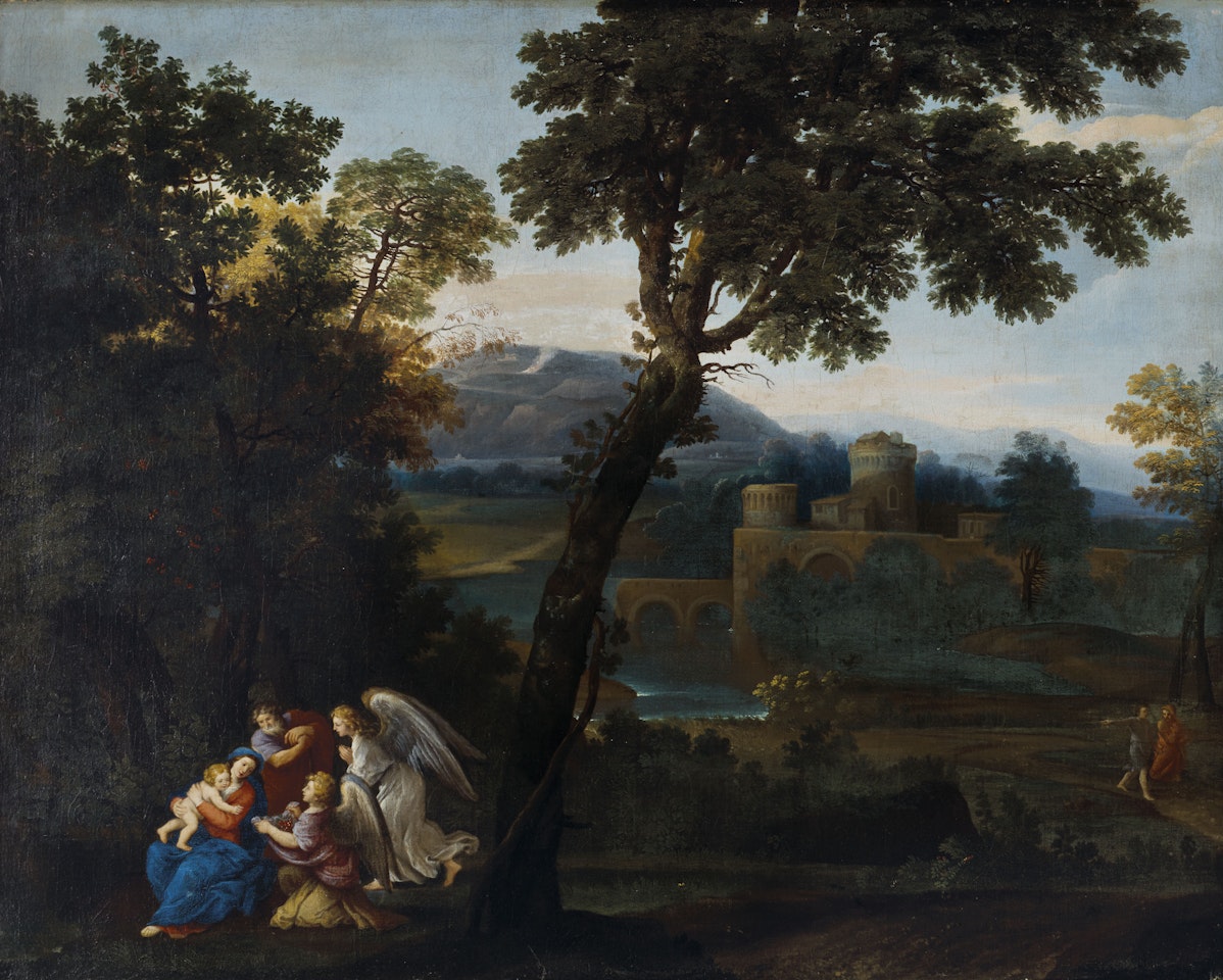 An Italianate landscape with the Rest on the Flight into Egypt by Roman School