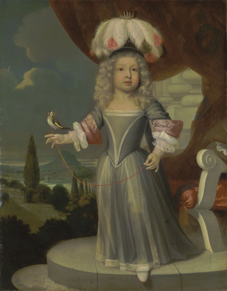 Portrait of a girl with a plumed cap and goldfinch, full-length, a landscape beyond by Dutch School