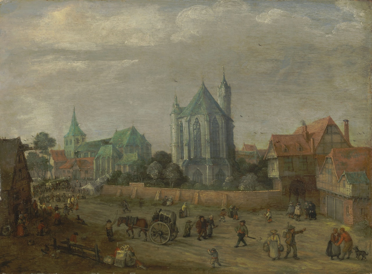 A view of a town square in Flanders by Flemish School