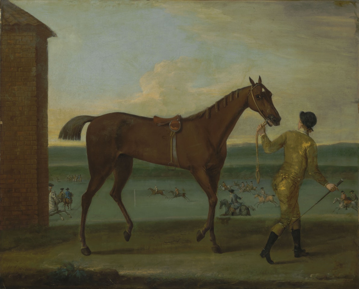 A chestnut mare, traditionally identified as Mr. Charles Pelham's Brocklesby Betty, led by a jockey at Newmarket by John Wootton