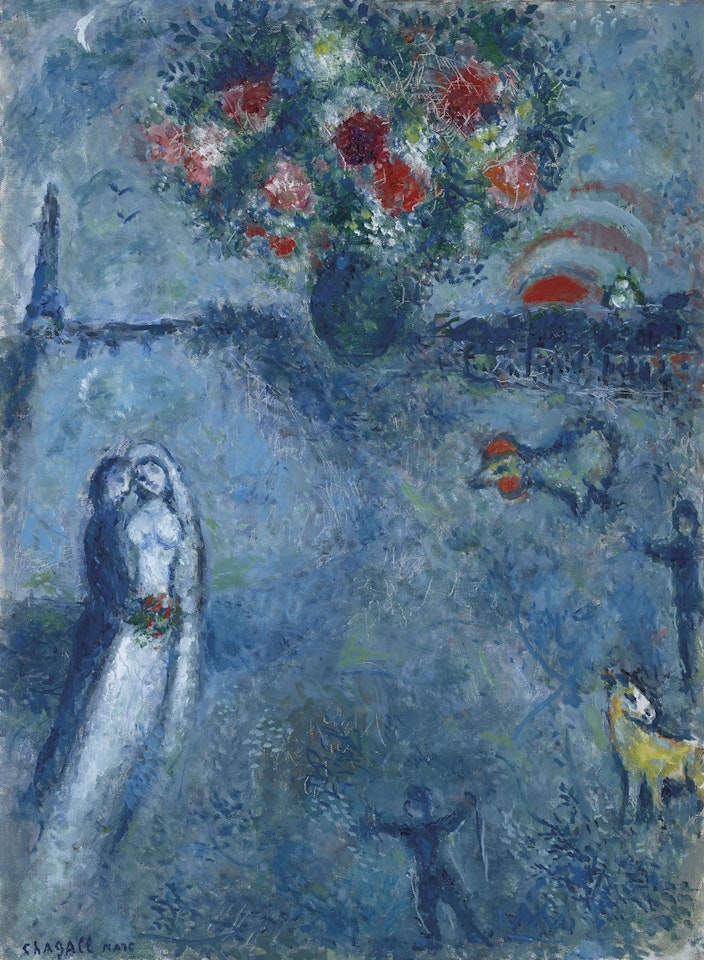 Les mariés au bord de la Seine by Marc Chagall