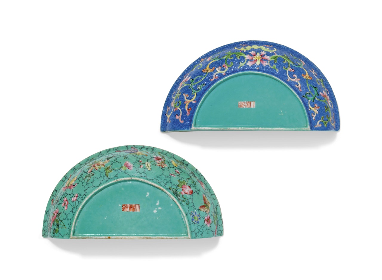 TWO FAMILLE ROSE DEMI-LUNE WALL JARDINIÈRES by Anonymous