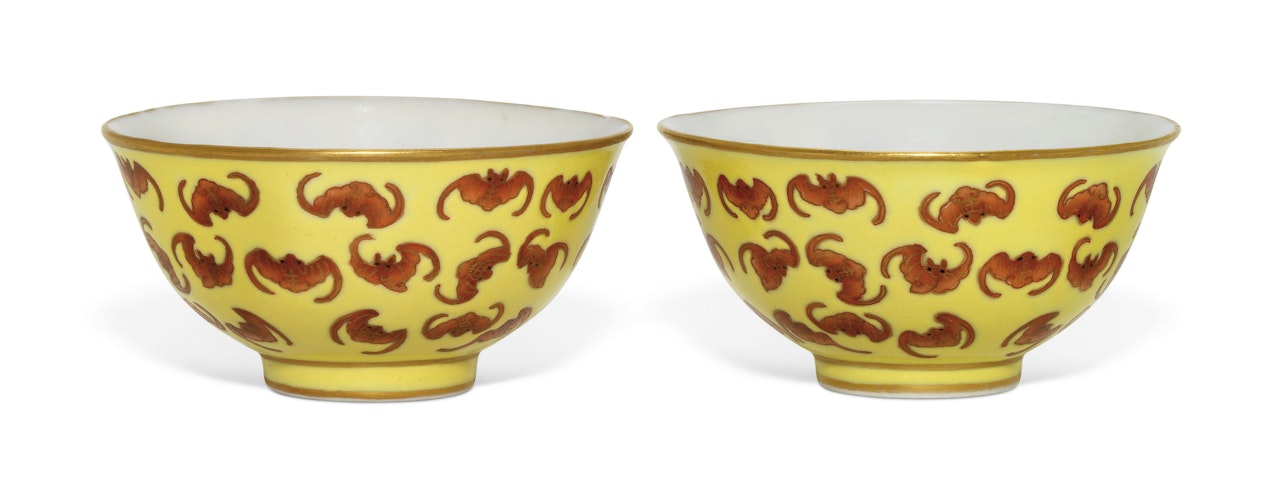 A PAIR OF YELLOW-GROUND IRON-RED-DECORATED 'BATS' BOWLS by Anonymous