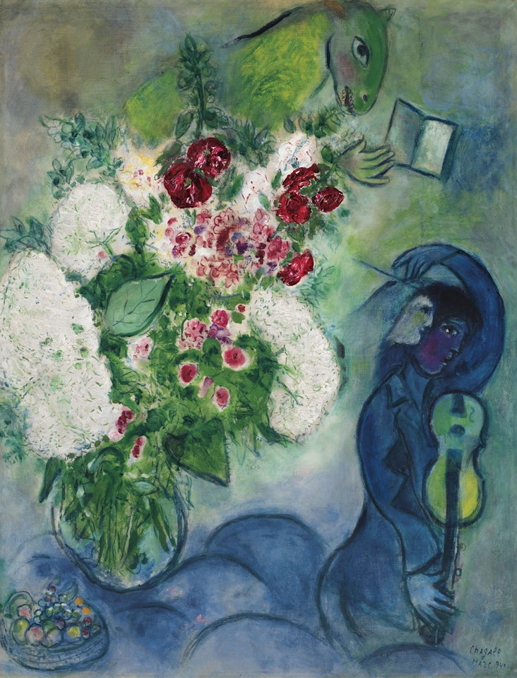 Bouquet blanc aux nuages ou L'âne lisant ou Le livre et l'âne ou Musicien aux fleurs et aux fruits by Marc Chagall