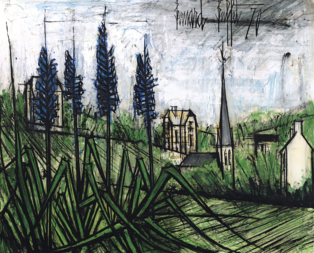 Quatre delphiniums bleus dans un paysage by Bernard Buffet