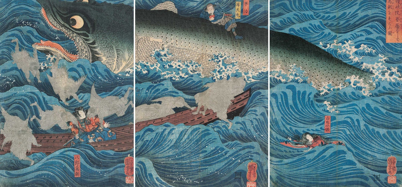The Former Emperor [Sutoku] from Sanuki Sends His Retainers to Rescue Tametomo (Sanuki no in kenzoku o shite Tametomo o sukuu zu) by Utagawa Kuniyoshi