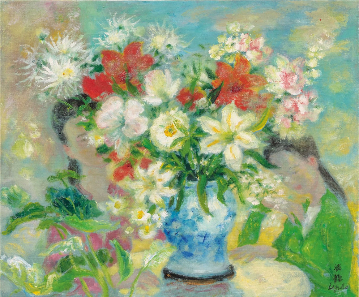 Two Girls with Flowers by Le Pho