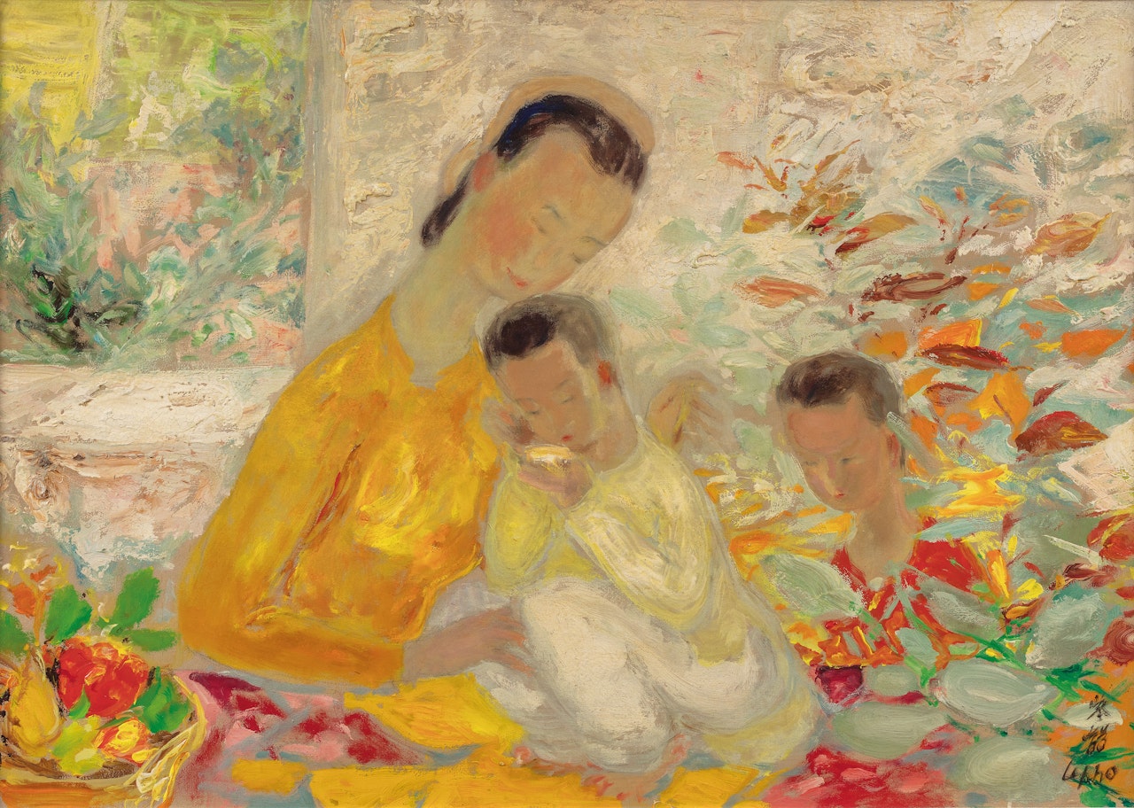 Mother and Children with Flowers by Le Pho