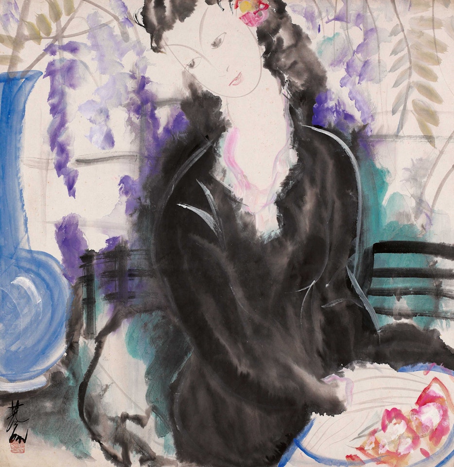 Seated Lady with Wisteria by Lin Fengmian