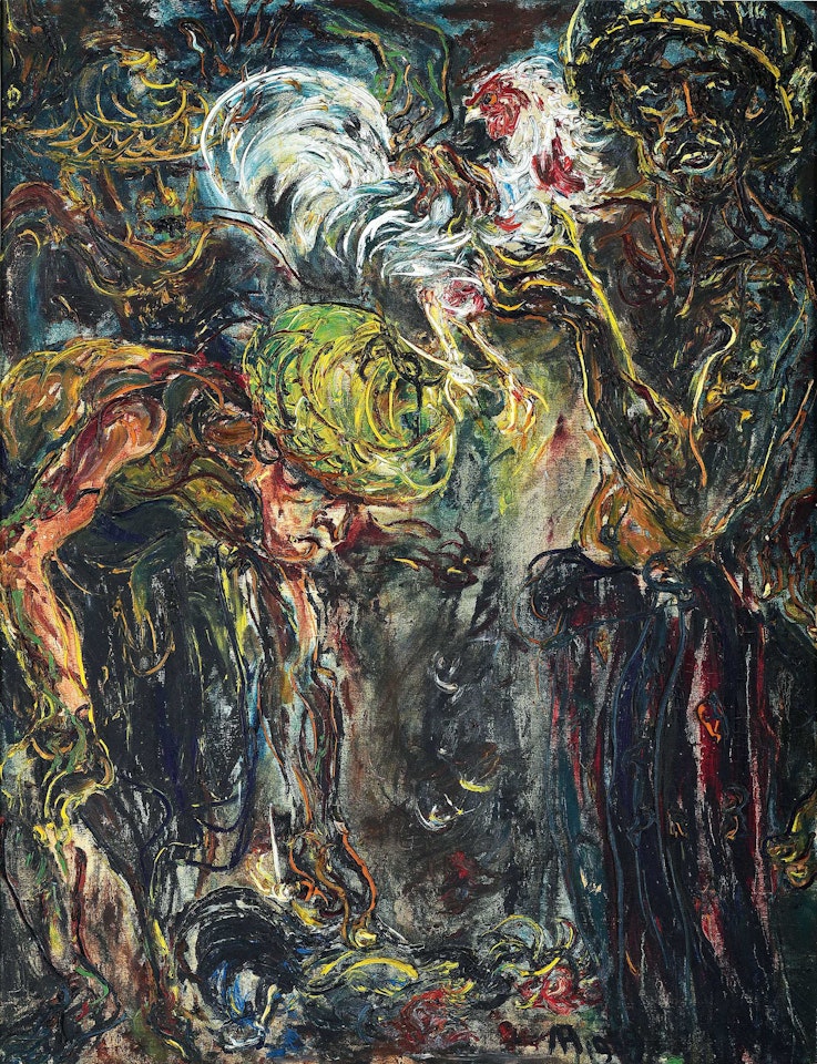 Men with Fighting Roosters by Affandi