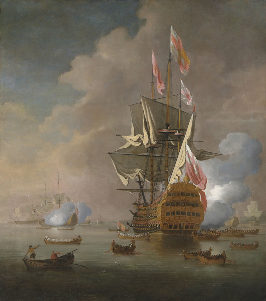 Her Majesty’s new flagship Royal Sovereign at the Nore and saluting the arrival of Prince George of Denmark for his first visit to the fleet since being appointed Lord High Admiral, 4th June 1702 by Peter Monamy