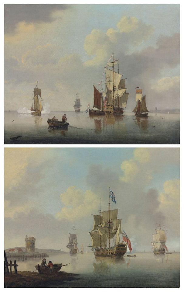 Ships of the Red Squadron at anchor, one firing a salute as she prepares to the leave the anchorage; and An English third-rate of the Red Squadron at anchor off the Low Countries, surrounded by coastal craft and with an Admiralty yacht firing a salute off her stern by Francis Swaine