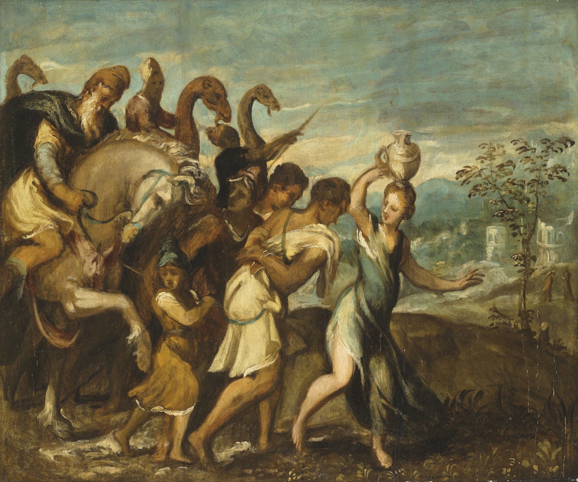 King Saul being greeted in triumph after David's defeat of Goliath by Andrea Schiavone