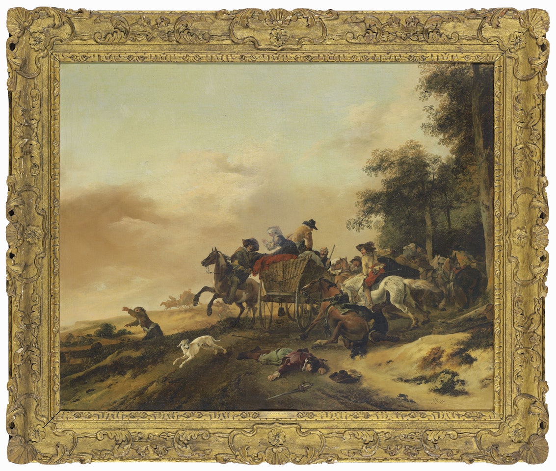 Bandits ambushing travellers in a wagon by Philips Wouwerman