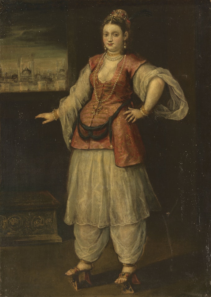 Portrait of a Sultana, full-length, wearing white salvar and gömlek, and a red and gold embroidered yelek, a view of Constantinople beyond by Venetian School