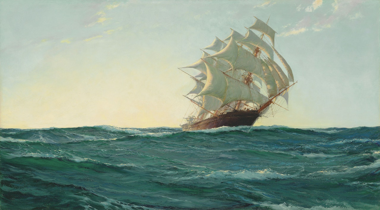 Full sail, sunset by Montague Dawson