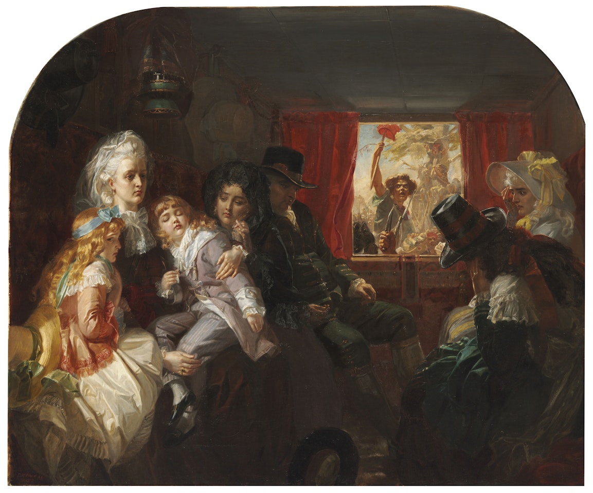 The return from flight: Louis XVI, Marie Antoinette, the Dauphin, Dauphiness, and Princess Elizabeth insulted by the mob on their road back to Paris after their interception at Varennes by the postmaster Drouet by Edward Matthew Ward