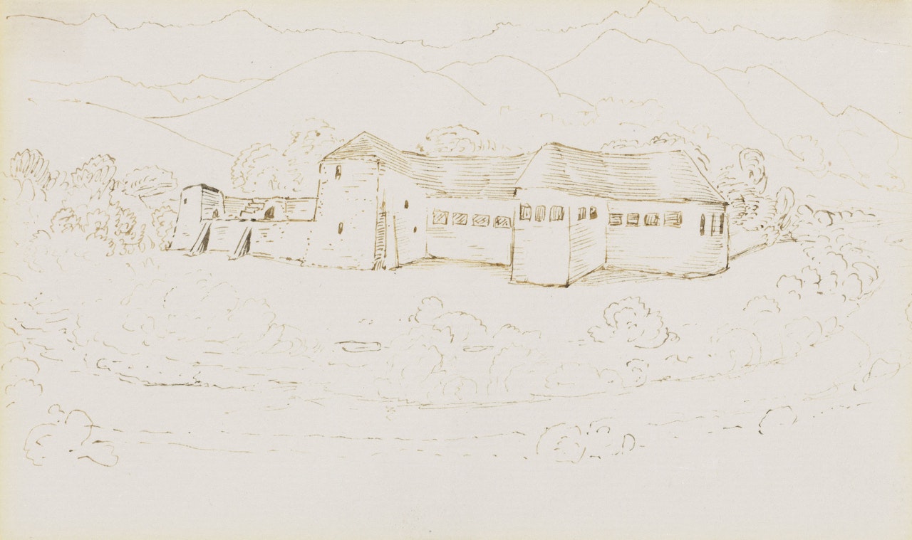 Study of an imaginary moated house by Edward Coley Burne-Jones