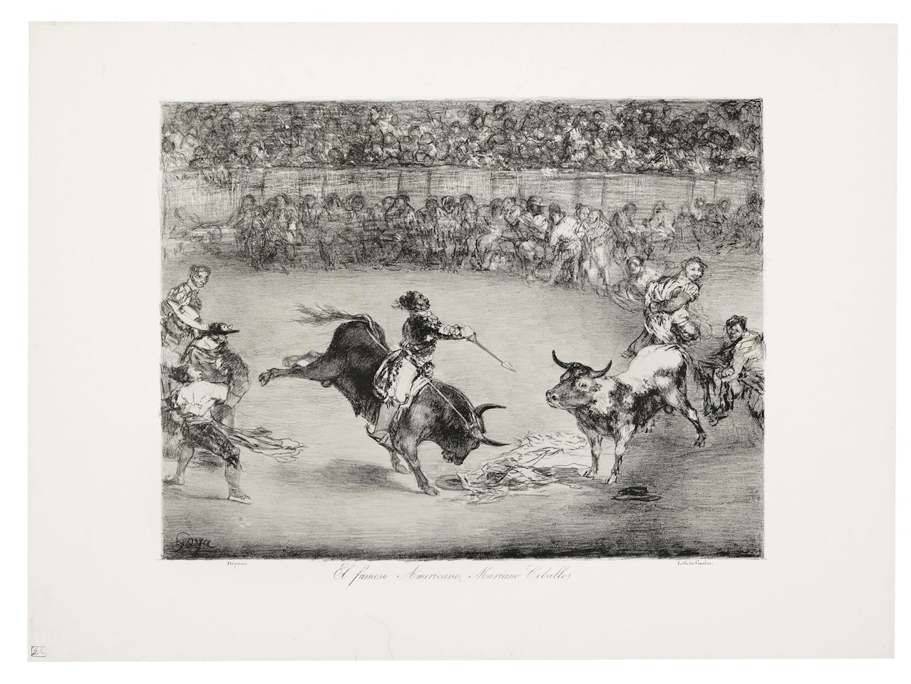 Picador caught by a Bull (Bravo Toro), from: The Bulls of Bordeaux by Francisco José de Goya