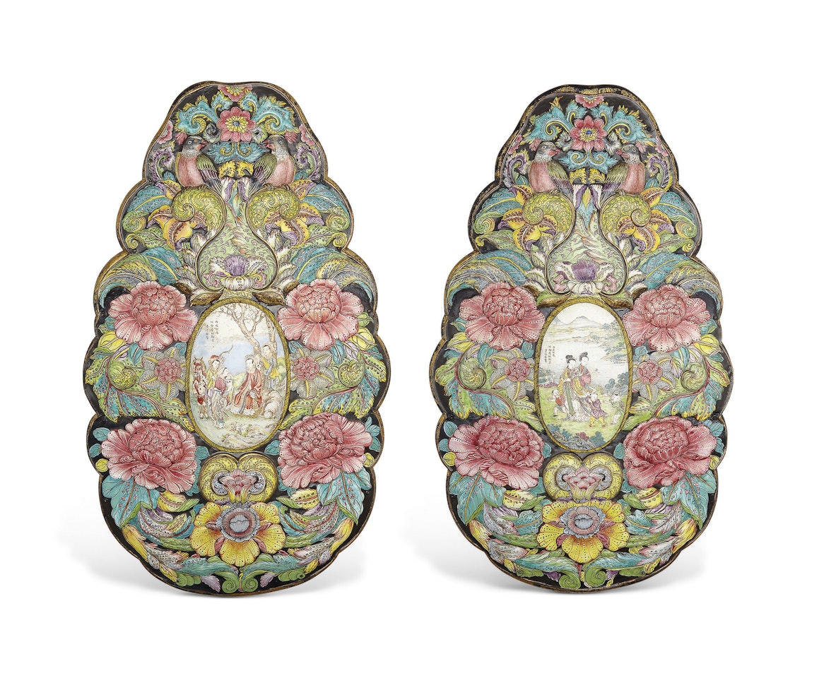 A MASSIVE PAIR OF PAINTED ENAMEL PLAQUES by Anonymous