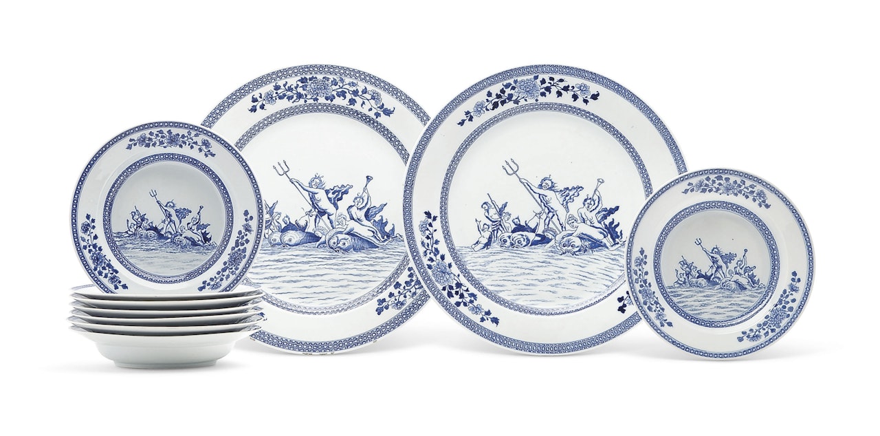 A SET OF BLUE AND WHITE MYTHOLOGICAL DISHES by Anonymous
