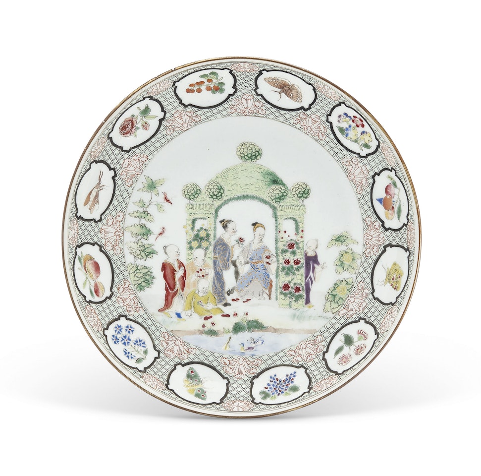 A FAMILLE ROSE 'PRONK ARBOR' SAUCER DISH by Anonymous