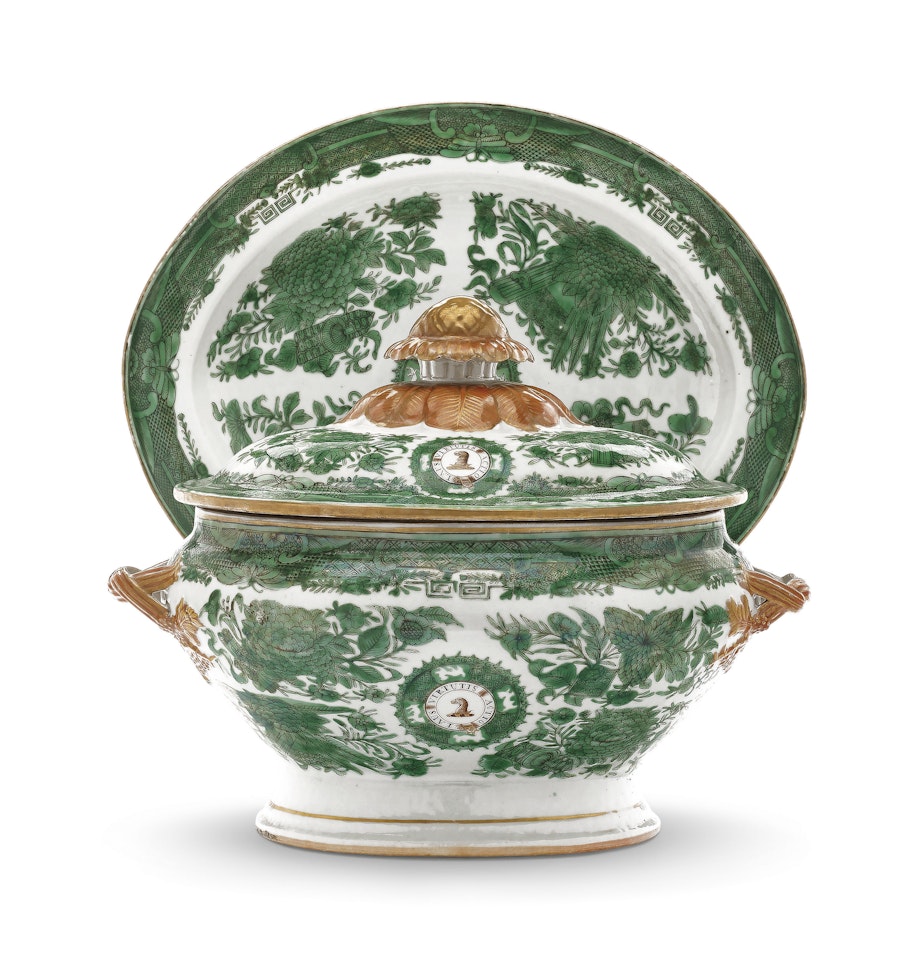 A CRESTED 'GREEN FITZHUGH' SOUP TUREEN, COVER, AND STAND by Anonymous