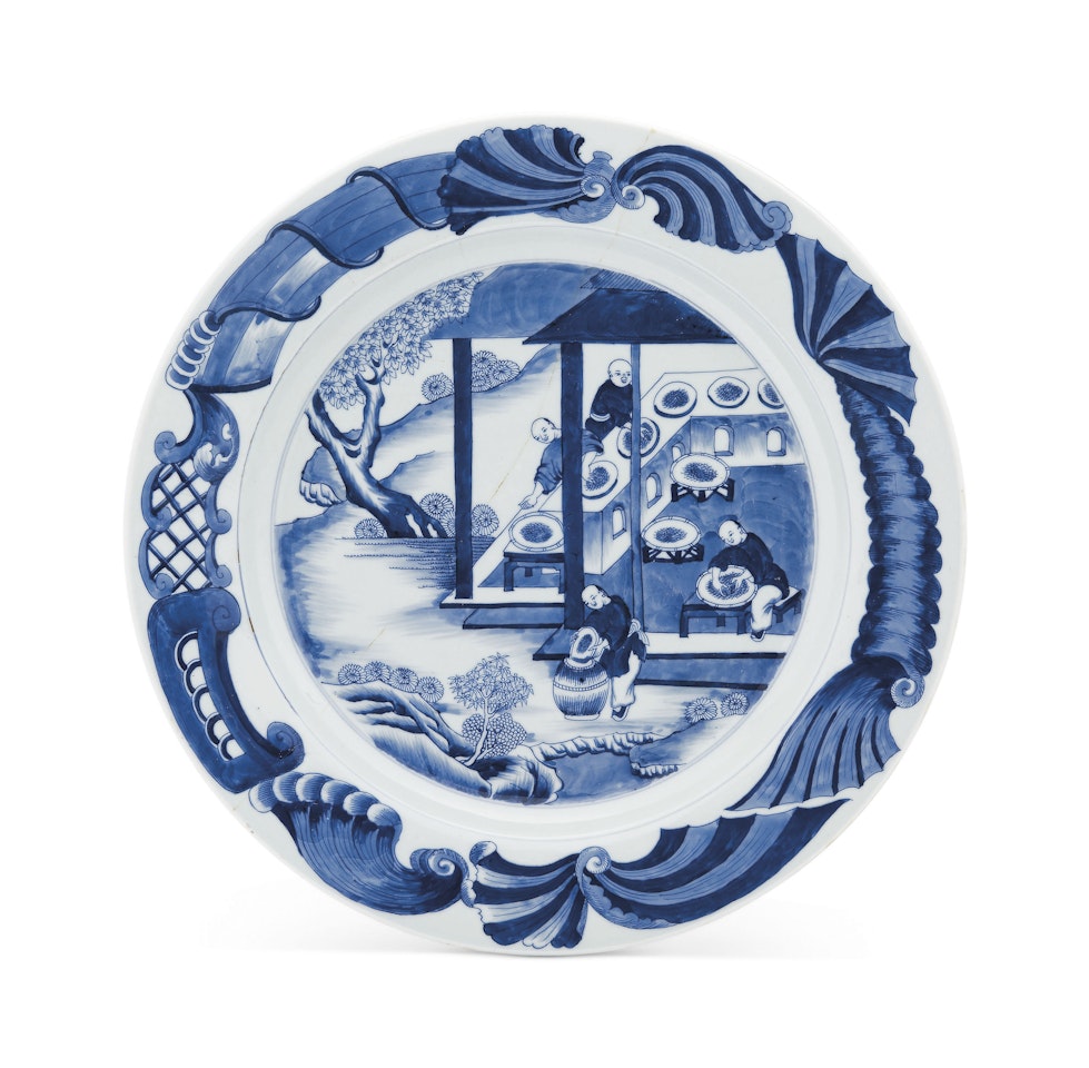 A LARGE BLUE AND WHITE 'PORCELAIN PRODUCTION' CHARGER by Anonymous
