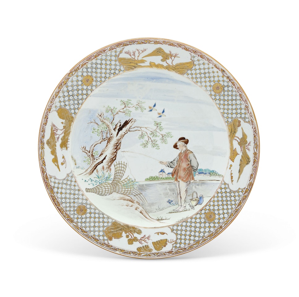 A LARGE FAMILLE ROSE 'FISHERMAN' DISH by Anonymous
