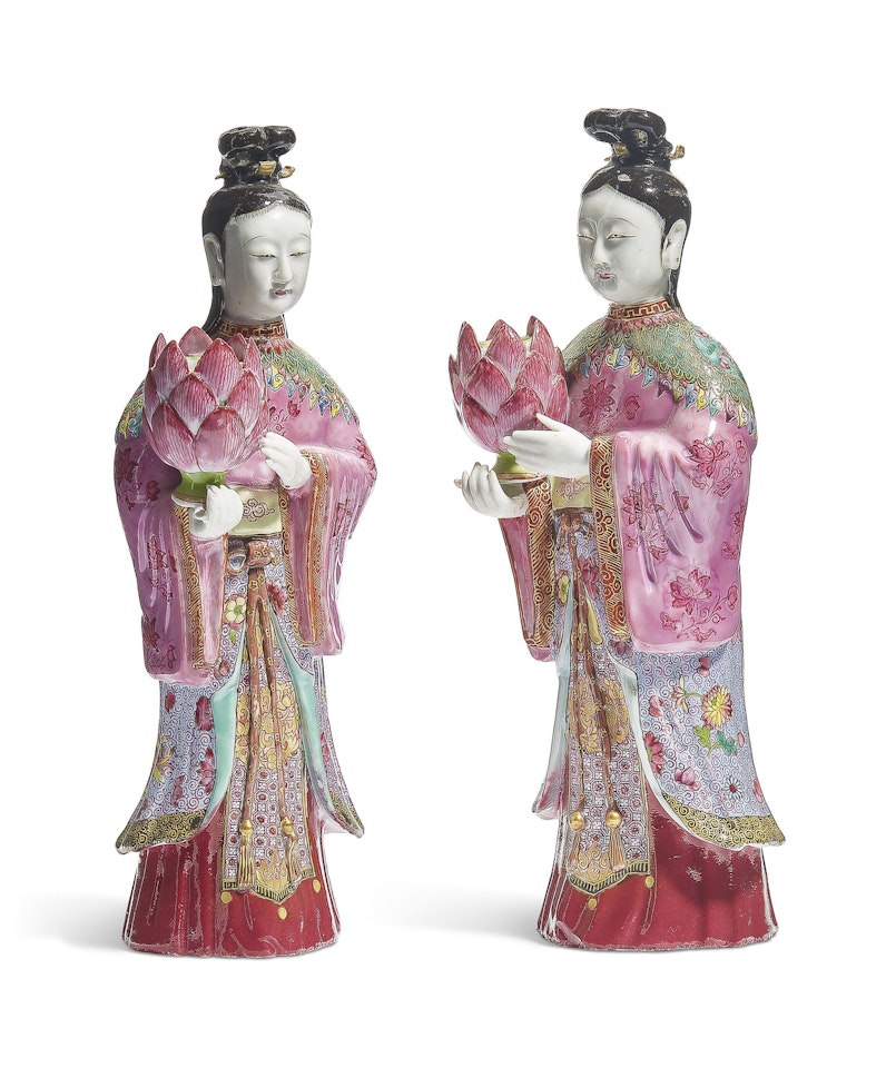 A PAIR OF FAMILLE ROSE COURT LADY CANDLEHOLDERS by Anonymous