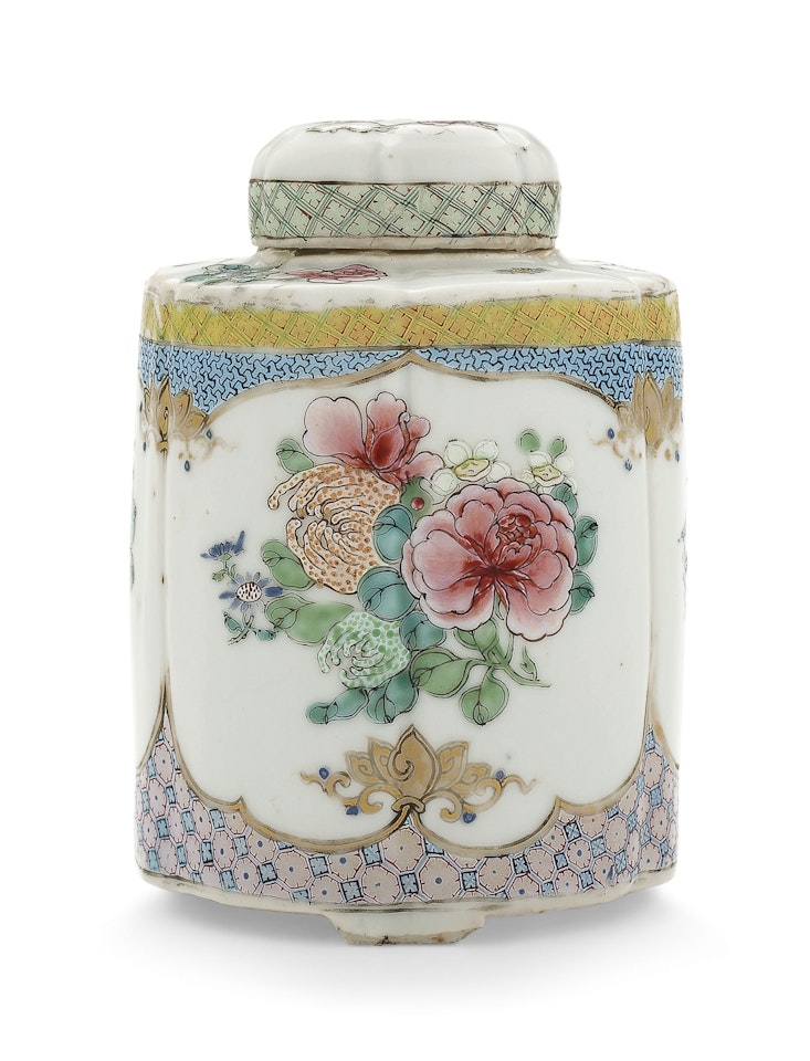 A FAMILLE ROSE TEA CADDY AND COVER by Anonymous