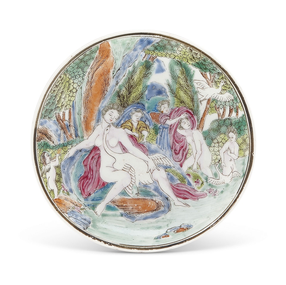 A FAMILLE ROSE MYTHOLOGICAL SAUCER DISH by Anonymous