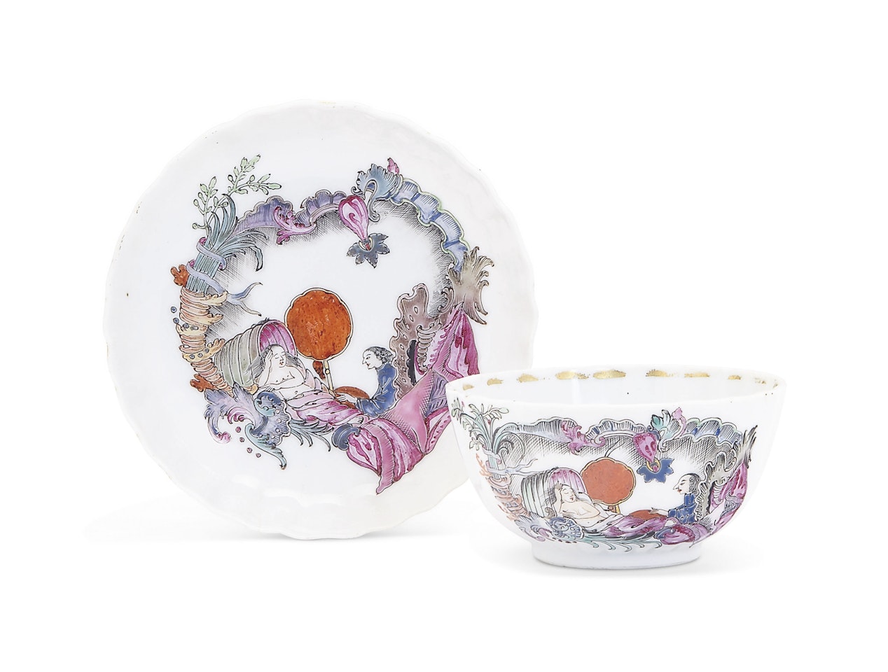 A FAMILLE ROSE EUROPEAN SUBJECT TEABOWL AND SAUCER by Anonymous