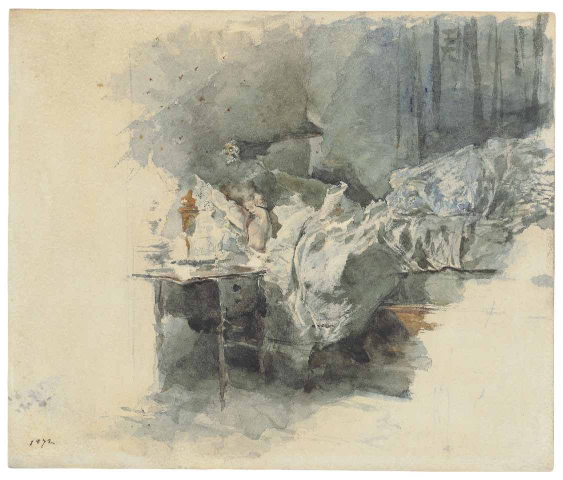 A lady in bed reading (recto); Study of a head (verso) by Giovanni Boldini