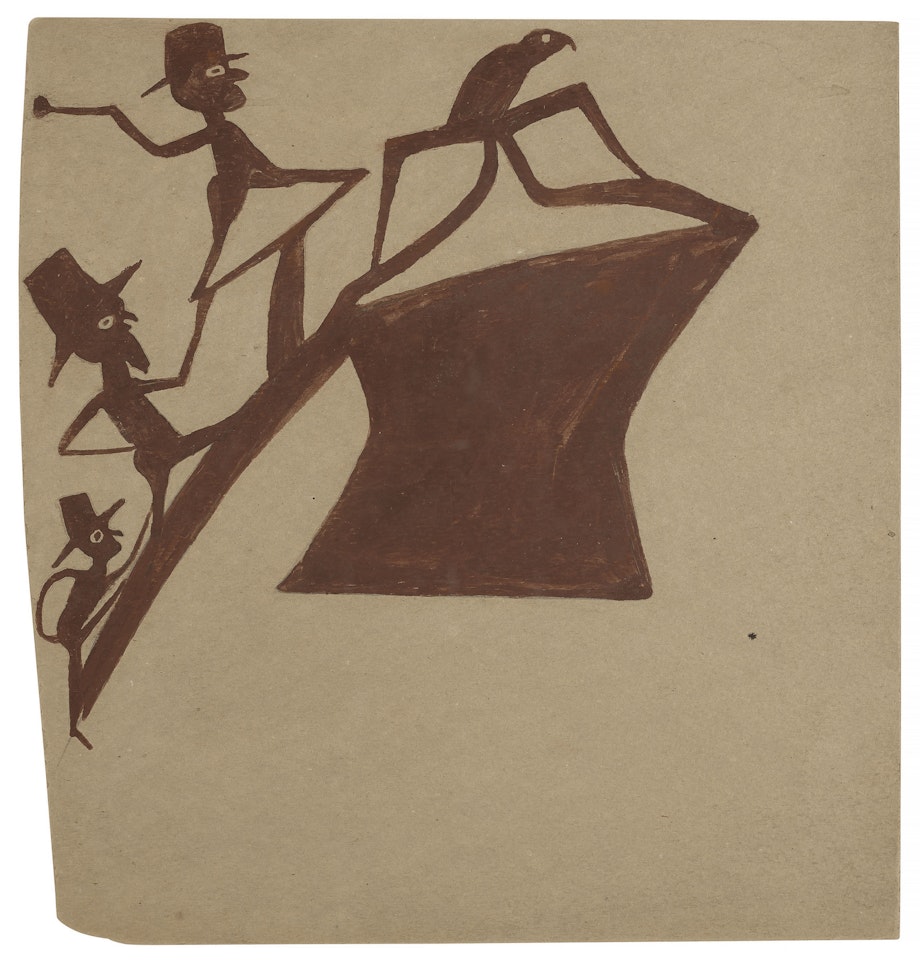 Brown Figures Chasing Bird Up a Construction by Bill Traylor