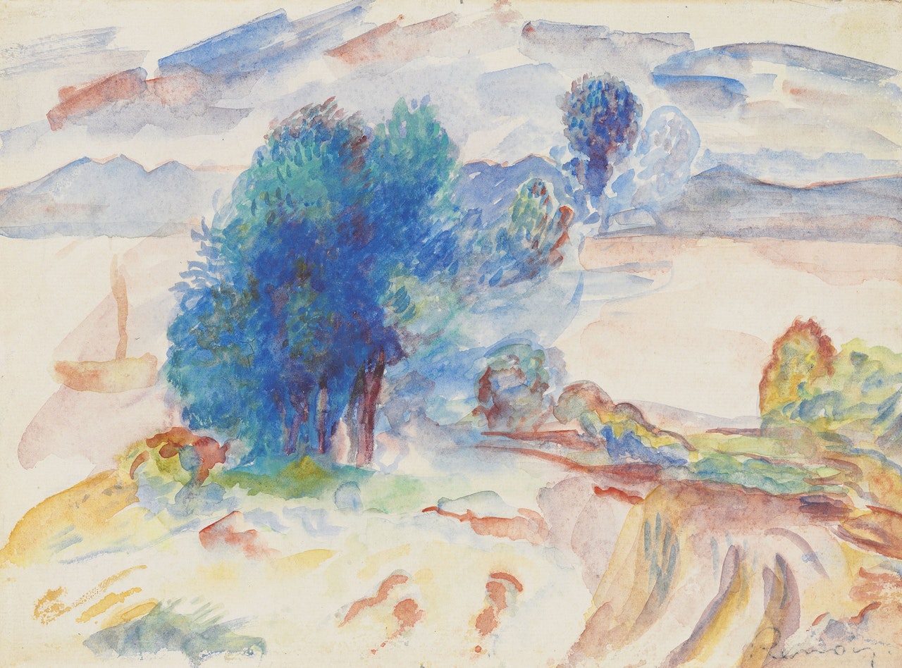 Arbres au bord de l'eau et voilier by Pierre-Auguste Renoir