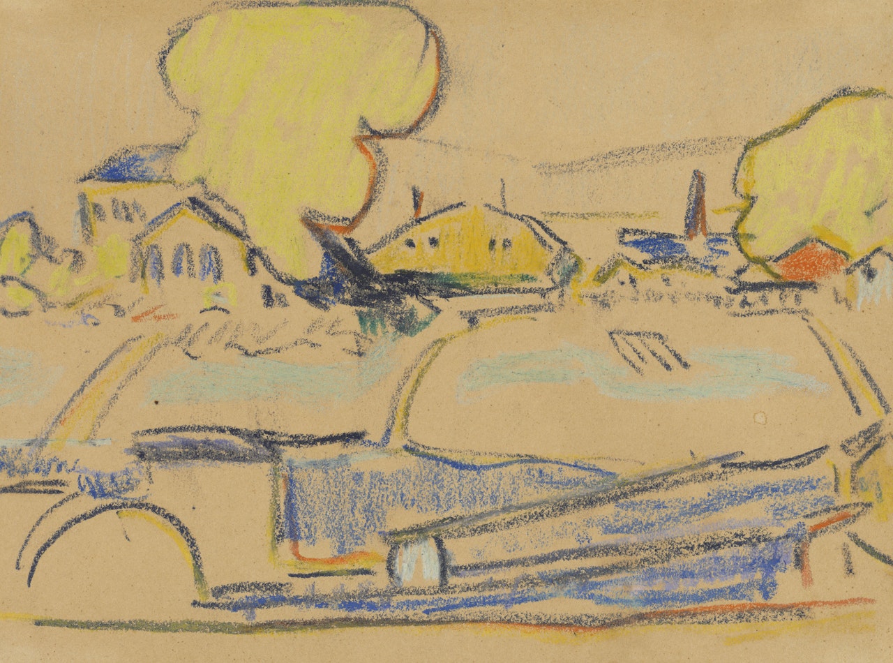 Landschaft bei Dresden (Landschaft mit Fluss, Dorf und gelben Bäumen) by Ernst Ludwig Kirchner