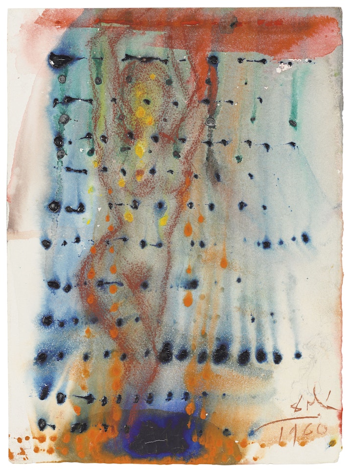 Danseuse d'harem derrière un rideau de gouttes colorés by Salvador Dali