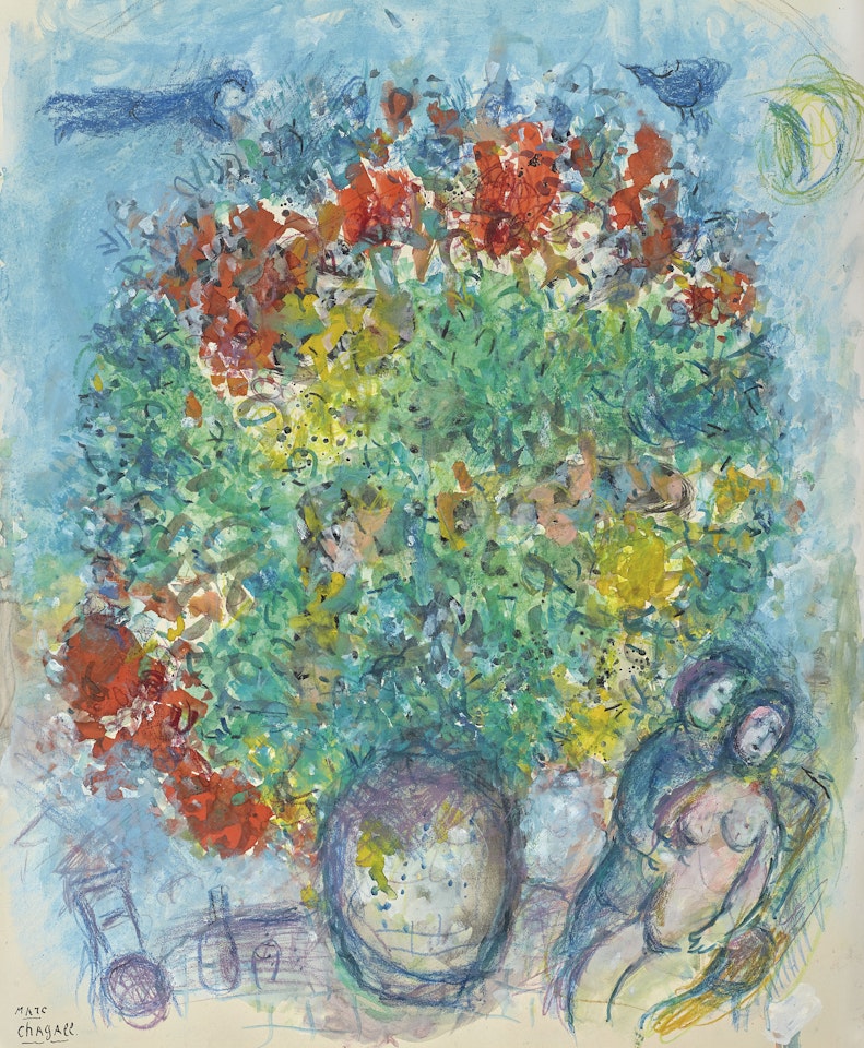 Le bouquet sur fond bleu by Marc Chagall