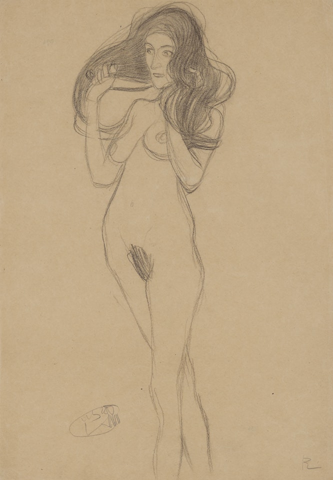 Stehender Mädchenakt nach links, die Haare mit den Händen haltend (Standing Female Nude Turning Left, Holding her Hair) by Gustav Klimt