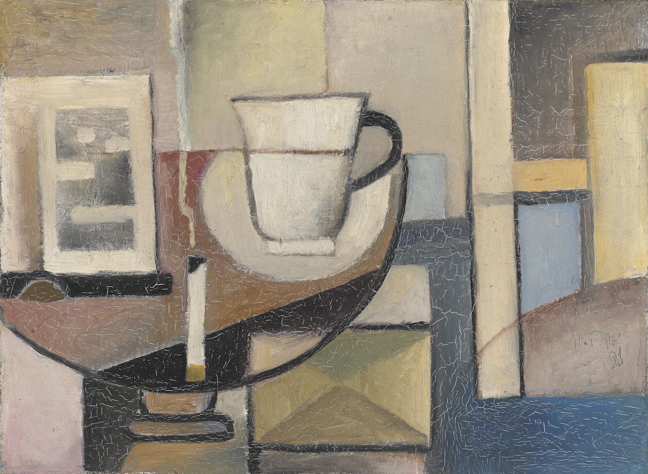 Stilleben mit weisser Tasse un brennender Zigarette by Arnold Topp