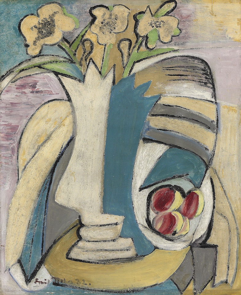 Váza s kyticí a broskve (Vase of flowers and peaches) by Emil Filla