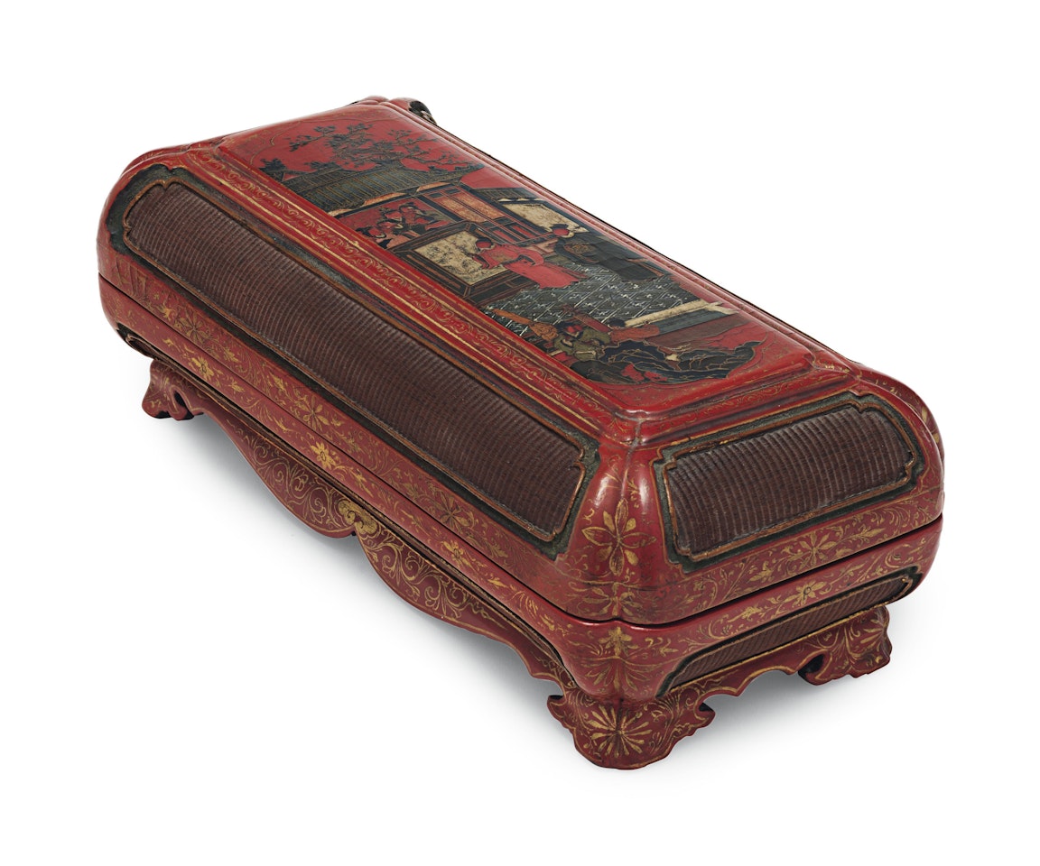A PAINTED AND GILT-DECORATED RED LACQUER RECTANGULAR BOX AND COVER by Anonymous