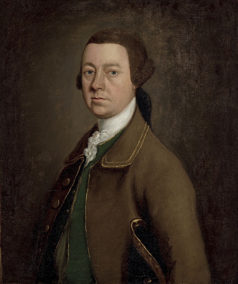 Portrait of Sir Francis Skipwith, 3rd Bt., (d. 1778) of Newbold Pacey Hall, near Warwick, half-length, in a brown coat and green waistcoat with a hat under his left arm by Thomas Gainsborough