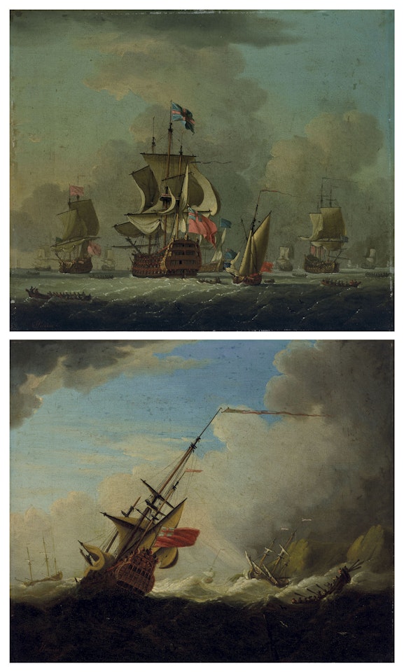 The arrival of the fleet; and Warships caught in a gale by Francis Swaine
