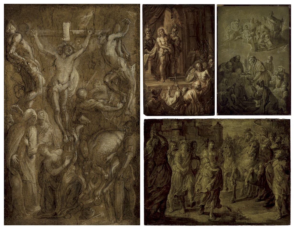 The Crucifixion; The Mocking of Christ; Saint Macarius of Ghent giving communion to the plague victims; and A triumphal procession (The Triumph of David?) by Flemish School